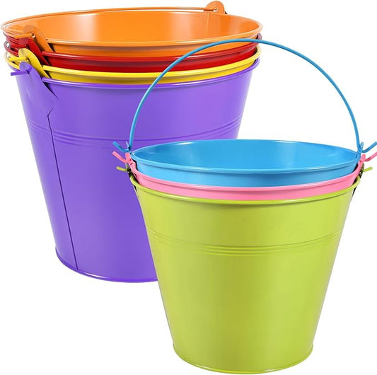 OBTANIM 7 Pack Colorful Metal Buckets with Handle Galvanized Ice Pails for Plants, Succulents, Party Favors Organizing, Rustic Home Decor or Classrooms Pencil Storage (9.1 x 6.7 inch)