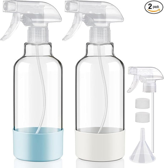 Glass Spray Bottles with Silicone Sleeve 16.9oz 2 Pack Empty Spray Bottle for Hair Mist/Stream Spraying for Cleaning Solutions, Plants, Essential Oils (clear-qblue&white)