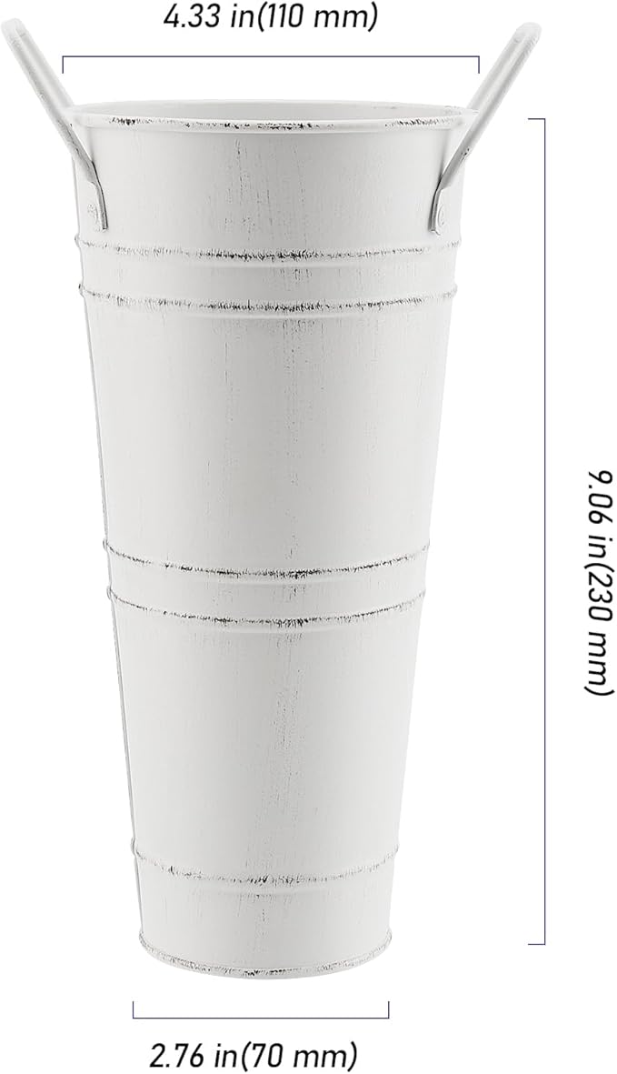 4 Pack 9 Inch Tall Galvanized French Flower Bucket, White Farmhouse Vintage Metal Vases with Handle for Floral Wedding Arrangements