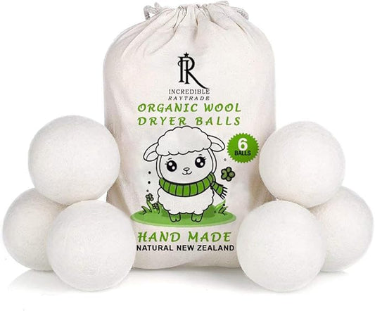 RAYTRADE Wool Dryer Balls 6-Pack 100% Made of Organic New Zealand Wool Reduces Clothing Wrinkles and Saves Drying Time Reusable Natural Fabric Softener Stocking Stuffer Gifts