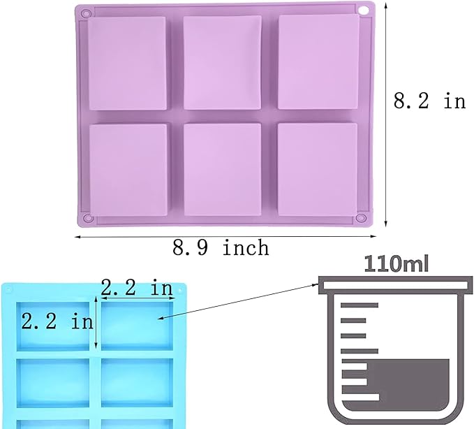 3 Pack Silicone Soap Molds - 6 Cavity Rectangle Molds for Craft Soap, Muffin, Loaf, Cornbread, Cake, Chocolate & Ice Cube Trays (Blue, Pink, Purple)