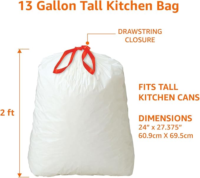 Amazon Basics 13 Gallon Tall Kitchen Drawstring Trash Bags, Clean Fresh Scent, 10% Post Consumer Recycled, 45 Count