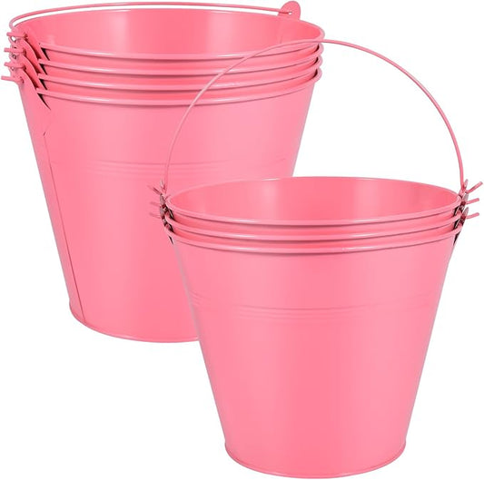 OBTANIM 7 Pack Pink Metal Buckets with Handle Galvanized Ice Pails for Plants, Succulents, Party Favors Organizing, Rustic Home Decor or Classrooms Pencil Storage (9.1 x 6.7 inch)