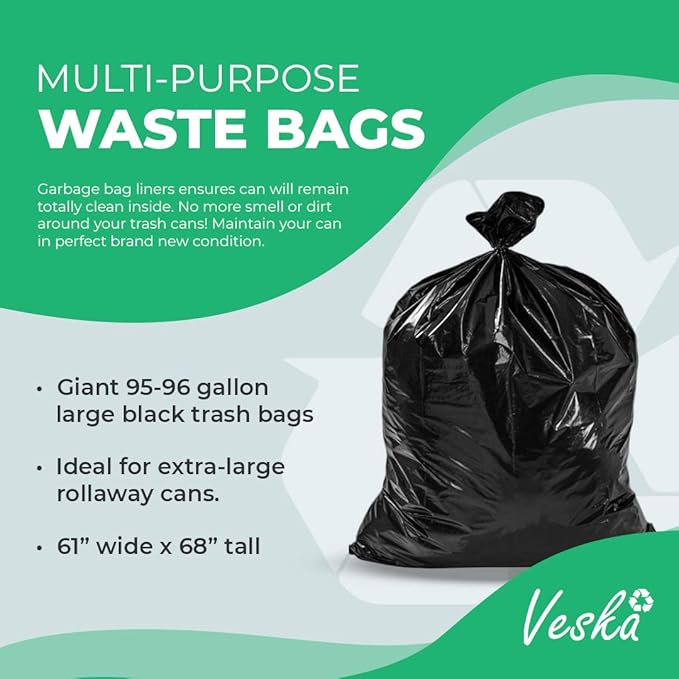 Veska 95-96 Gallon Trash Bags Heavy Duty (Huge 50 Bags W/Ties) 95-96 Gallon Trash Bags Large Black Heavy Duty Can Liners, Large 90-100 Gallon Garbage Can Liners