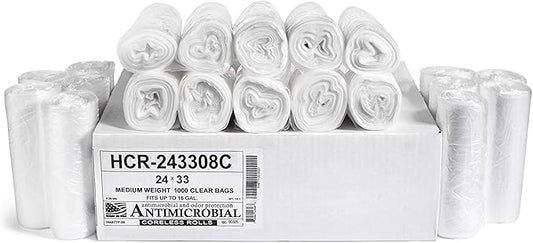 Aluf Plastics - 12-16 Gallon Clear Trash Bags - 24" x 33"- 8 Micron Equivalent High Density Value Garbage Bags for Bathroom, Office, Industrial, Commercial - (1 Pallet of 100 Cases, 10000 Bags Total)