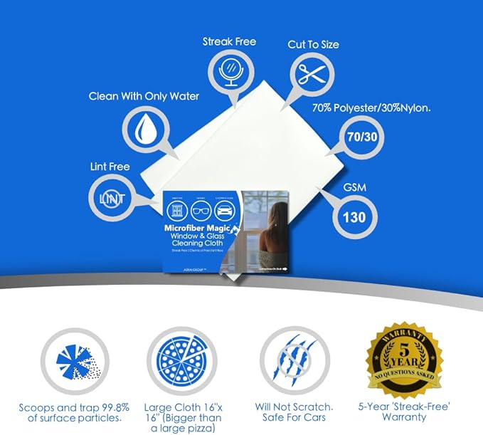 Microfiber Magic 4 Pack Glass & Mirror Cleaning Cloths - Streak Free, Lint Free, Perfect for Cars & Windows