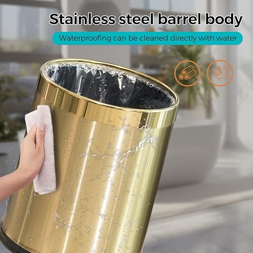 2.64 Gallon Brass Gold Bathroom Trash Can, Double Walled Wastebasket, Elegant, Modern Garbage Can for Bedroom Kitchen Hotel Cafe Office Restaurant (88J Gold