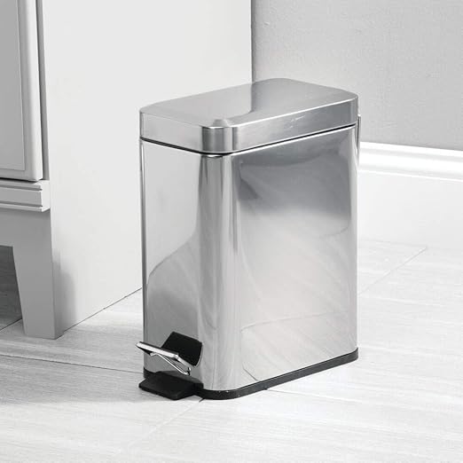 mDesign Small Modern 1.3 Gallon Rectangle Metal Lidded Step Trash Can, Compact Garbage Bin with Removable Liner Bucket and Handle for Bathroom, Kitchen, Craft Room, Office, Garage - Chrome
