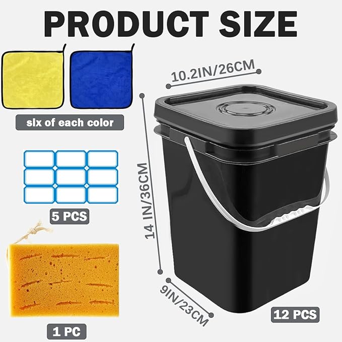 12 Pcs 5 Gallon Paint Bucket with Lid,Thickened Square Plastic Bucket Food Storage Container Industrial Buckets (with DIY Label Sticker Towel and Brush) for Paint Storage Barrels Garage Garden