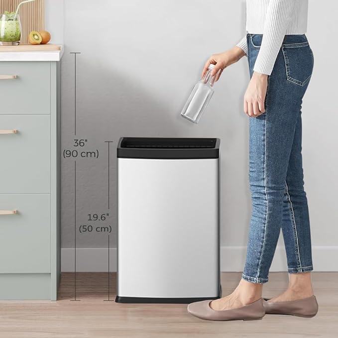 25L/6GALSquare Silver Garbage Can,Tall Kitchen Garbage Can,Silver Tall Trash can for Bathroom,Tall Stainless Steel dusbin for Commercial,Detached House