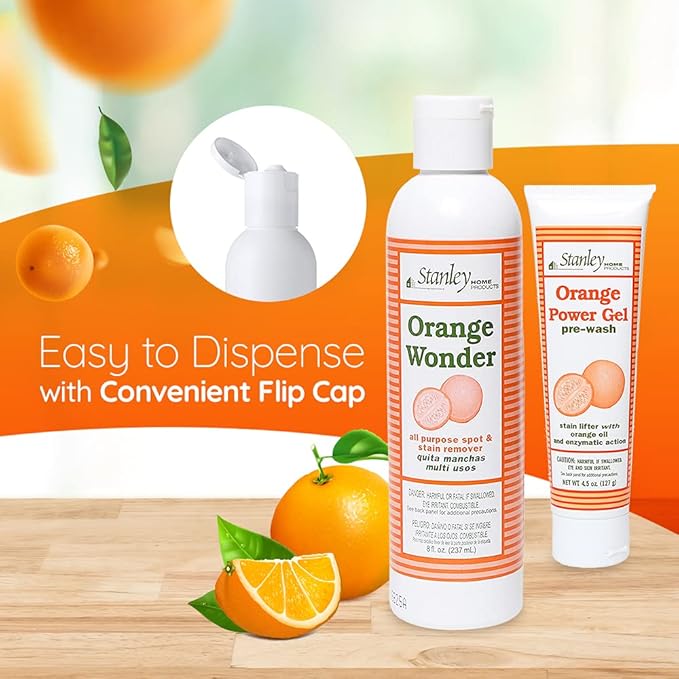 Stanley Home Products Orange Power Gel & Orange Wonder Stain Remover - Complete Cleaning Set - Removes Odors and Tough Stains Oil Grease and More on Fabric Upholstery and Other Surfaces