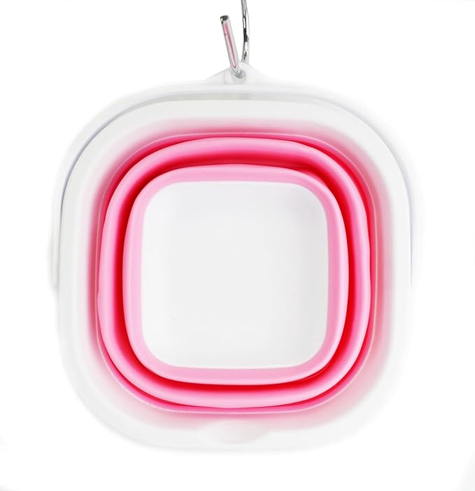 SAMMART 2.6L (0.68 Gallon) Super Mini Sqare Collapsible Plastic Bucket - Foldable Square Tub - Portable Fishing Water Pail - Space Saving Outdoor Waterpot (1, White/Pink)