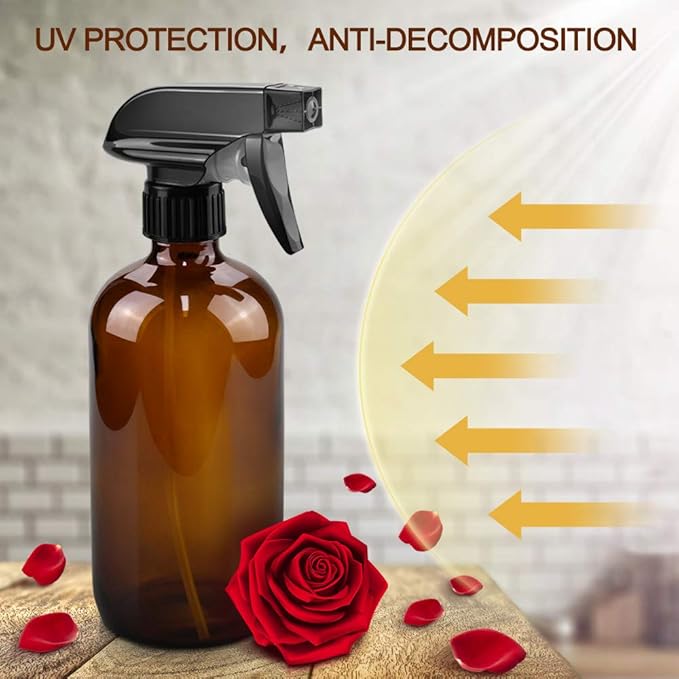 Glass Spray Bottles, 16oz*2+4oz*2+2oz*4 Refillable Containers, Empty Boston Round Bottles with Adjustable Nozzle for Cleaning, Gardening, Aromatherapy, Pets, Plant, Hair -Amber