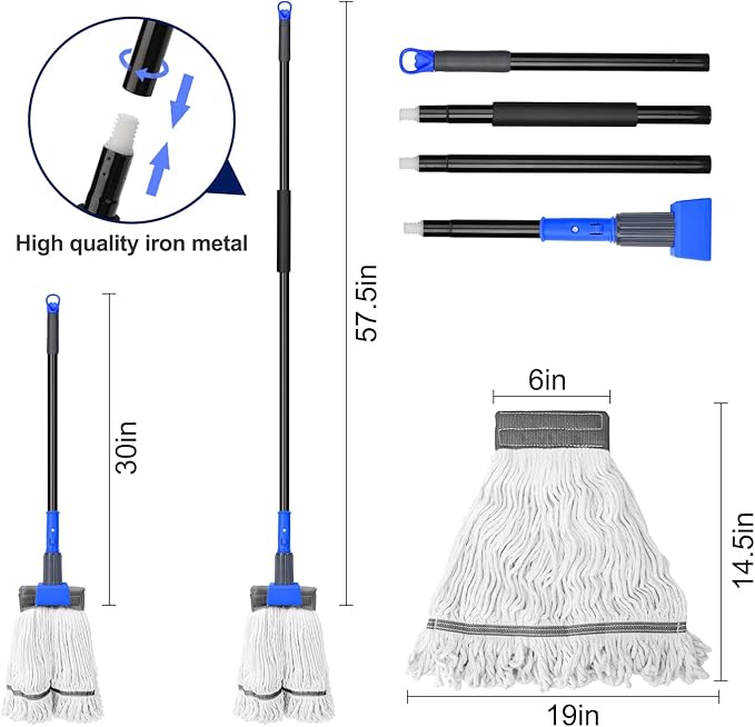 KeFanta Heavy Duty Mops for Floor Cleaning,60" Commercial Industrial Mop with Long Handle, Looped-End String Cotton Wet Mop for Home, Kitchen, Garage, Office and Concrete/Tile Floor