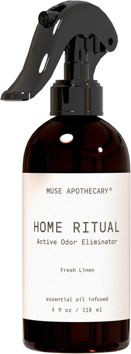 Muse Apothecary Home Ritual Active Odor Eliminator Spray - Furniture Deodorizer Spray & Bathroom Odor Eliminator for Home - Essential Oil Air Freshener - 4oz, Fresh Linen