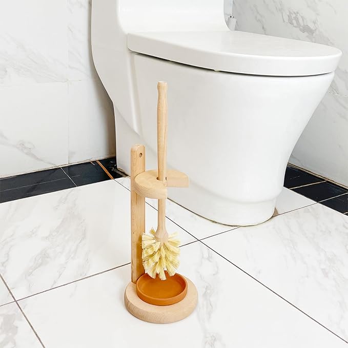 Wood Toilet Brush and Holder Set, Beechwood Toilet Bowl Cleaner Brush for Bathroom, Sisal Bristles Toilet Scrubber with Stand