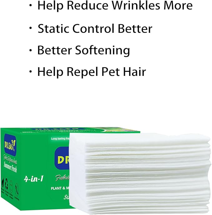 DR.EASY SUMMER FRESH Dryer Sheets Plant Based Formula 200 Ct Fabric Softener sheets for Laundry Essential Oil Scented No Artificial Fragrances No Dyes Reduce Static & Wrinkles Help Repel Pet Hair