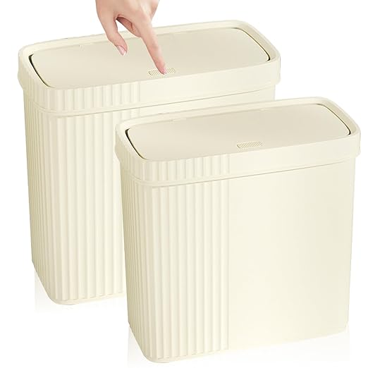 UUJOLY Small Bathroom Trash Can with Lid Slim Wastebasket Garbage Can Plastic Container Basket Trash Bin for Kitchen, Laundry Room, Office, Kids Room, Dorm, Beige, 2.4 Gallon, 2 Pack
