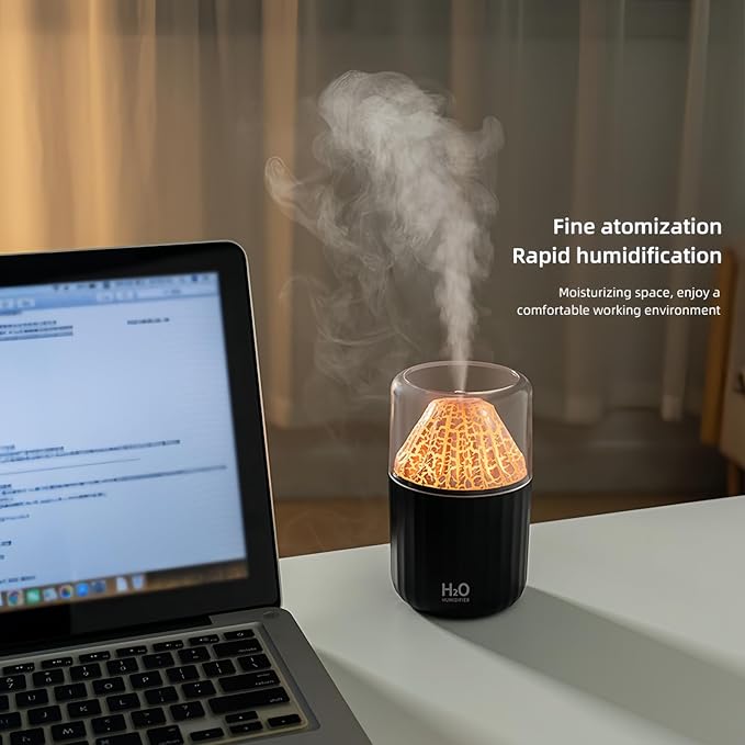 Colorful Volcano Humidifier, Ultrasonic Cool Mist Auto Shut-Off Car Diffuser, 2 Fog Mode Ultra Quiet Humidifier for Car Bedroom Office USB-300ml (Black)