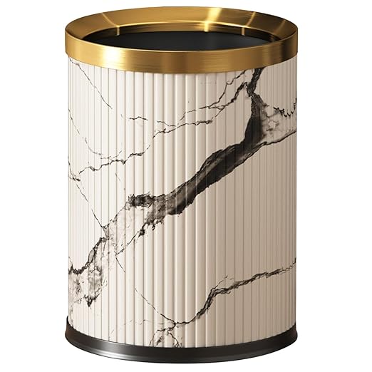 Small Fancy Bathroom Trash Can, Metal Trash Can Covered with Leather, Open Top, Hide The Garbage Bag，Bathroom, Living Room, Bedroom, Office, Bank, Hotel (12L-Ink Painting)