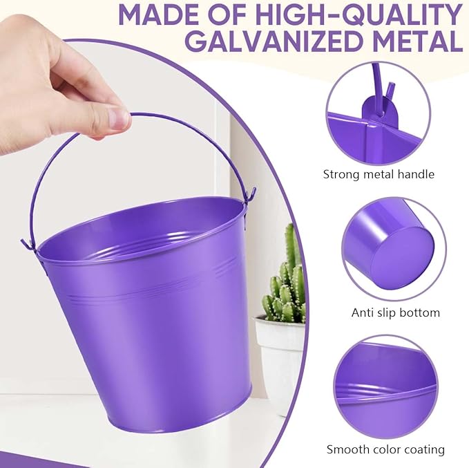 OBTANIM 7 Pack Purple Metal Buckets with Handle Galvanized Ice Pails for Plants, Succulents, Party Favors Organizing, Rustic Home Decor or Classrooms Pencil Storage (6 x 4.4 inch)