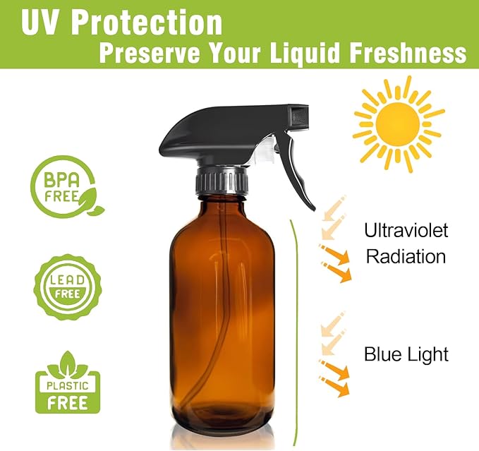 8OZ Amber Glass Spray Bottles - 2 Pack - Empty Refillable Bottle for Essential Oils, Plants, Cleaning Solutions, Hair Mister - Durable Nozzle w/Fine Mist and Stream Setting