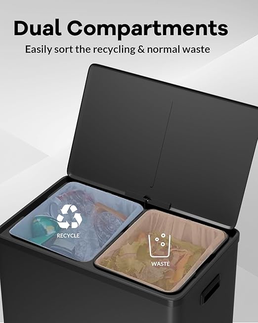Garvee Dual Trash Can for Recycling and Trash, 2 x 30 L (60 L) Stainless Steel Kitchen Trash Can with Lid and Foot Pedal, Double Compartment Garbage Can, with Recycling Bin, 2 x 8 Gallon