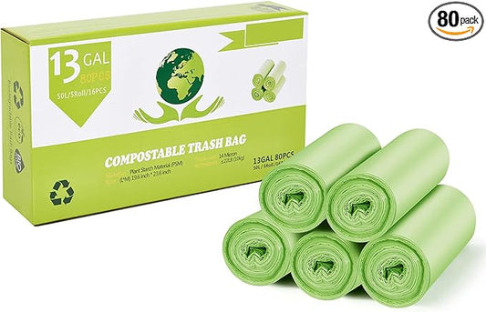 Compostable Trash Bags, 13 Gallon Green Compst Trash Bags for Home and Kitchen, 50L Capacity, 5 Pack, 80 Counts