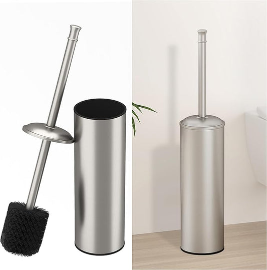 BESy Toilet Brush and Holder, Toilet Cleaner Bowl Set with Two Brush with Extra Long Handle, Durable Bristles Toilet Scrubber and Covered Holder, Drip-Proof Stainless Steel Brushed Nickel