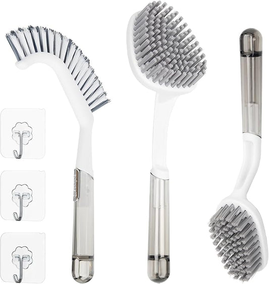 3 Pack Scrub Brush Set – Heavy-Duty Scrub Brushes for Cleaning with Handle, Cleaning Brush with Stiff Bristles, Shower Scrubber for Bathroom, Bathtub, Kitchen, Tile, Floor, Grout, Sink & Carpet