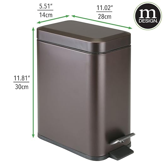 mDesign Small Modern 1.3 Gallon Rectangle Metal Lidded Step Trash Can, Compact Garbage Bin with Removable Liner Bucket and Handle for Bathroom, Kitchen, Craft Room, Office, Garage - Bronze