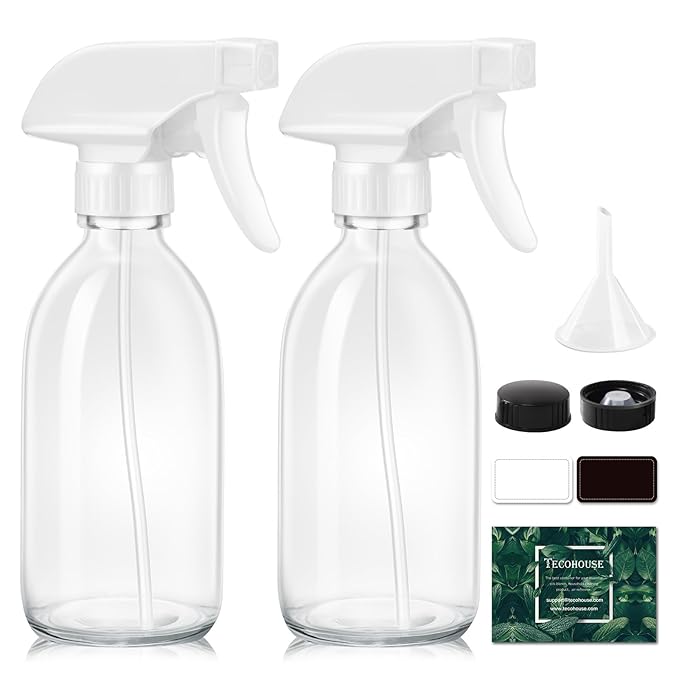 Tecohouse Glass Spray Bottle 8 oz, Clear Small Empty Refillable Sprayer Container with Labels, Funnel, Lids, Graduated Pipettes - Handheld Size