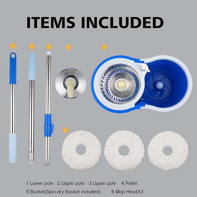 Mop and Bucket Set, 360° Spin Mop and Bucket with Wringer Set and 3 Microfiber Mop Refills, Stainless Steel 61'' Extended Handle Spinning Mop Bucket System for Floor Cleaning