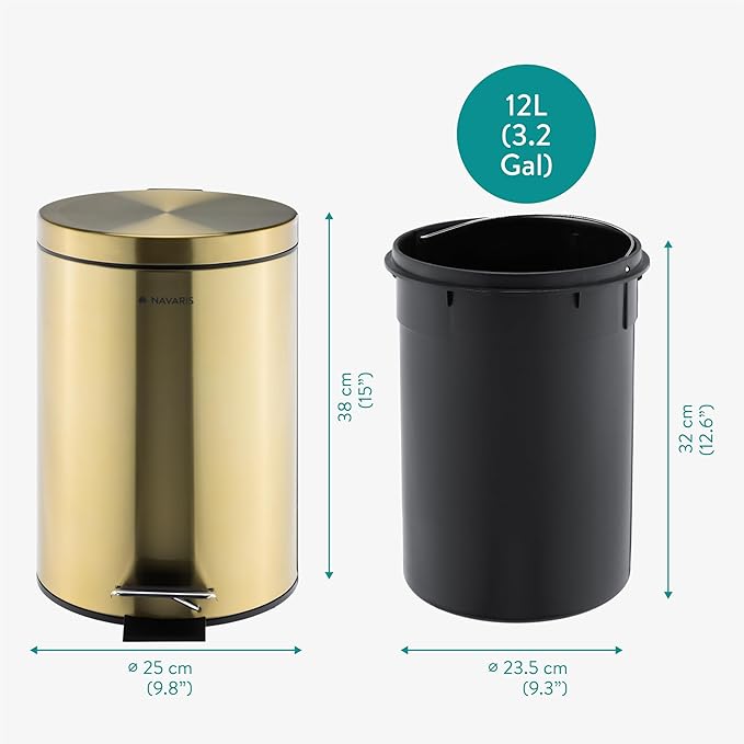 Navaris Gold Pedal Bin 3.2 gal (12 Litre) - 12L Kitchen Bin with Lid and Removable Inner Bucket - Recycling Bins for Kitchen Bathrooms Toilet Office or Bedroom - Metallic Gold