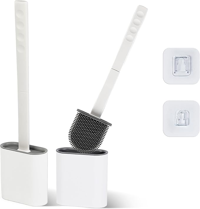 Silicone Toilet Brush and Holder Set – Pack of 2 Wall Mounted Toilet Scrubber Brush White – Long Non-Slip Handle, Modern Design, Flexible Bristles for Easy Cleaning