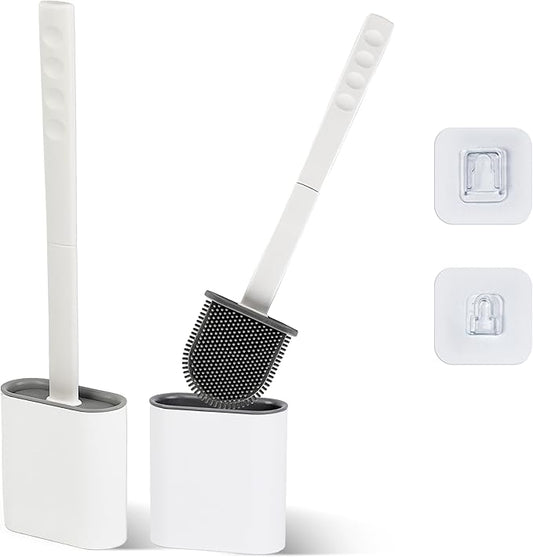 Silicone Toilet Brush and Holder Set – Pack of 2 Wall Mounted Toilet Scrubber Brush White – Long Non-Slip Handle, Modern Design, Flexible Bristles for Easy Cleaning