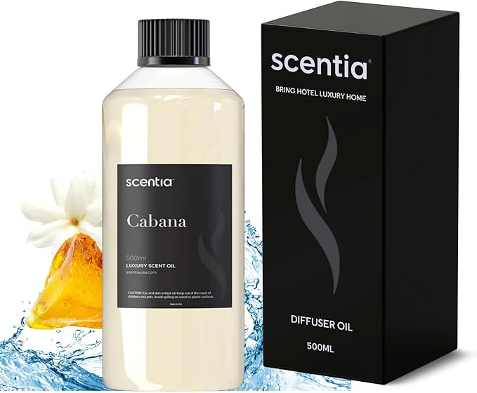 Scentia Hotel Diffuser Oil Inspired by 5-Star Hotel Scent - 500 ml 16.9 fl oz - Fragrance Oil Blend Jasmine, Bergamot & Fresh Marine Notes for Aromatherapy Diffusers and Humidifiers - Cabana