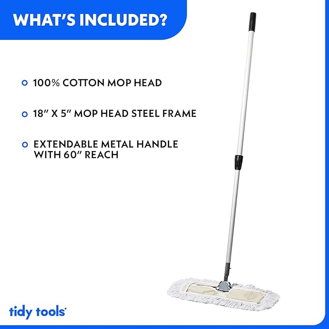 Commercial Dust Mop – 18 Inch Floor Sweeper for Hardwood, Reusable Cotton Mop Head, Extendable Handle, Dry Mop for Floor Cleaning & Janitorial Supplies