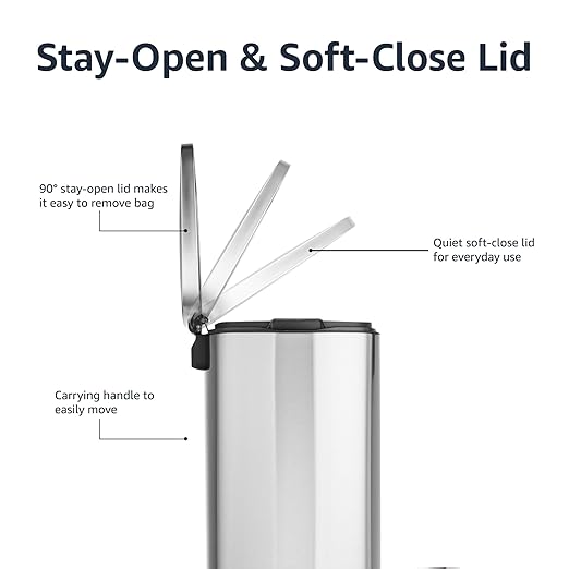 Amazon Basics Smudge Resistant Rectangular Trash Can With Soft-Close Foot Pedal, Brushed Stainless Steel, 50 Liter/13.2 Gallon, Satin Nickel Finish, 16.7"L x 14.7"W x 25.9"H