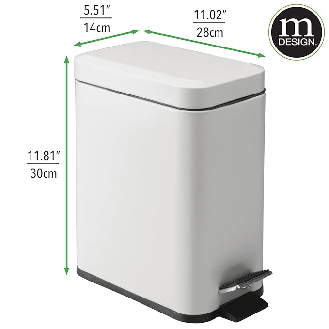 mDesign Pedal Bin — Waste Bin with Pedal, Lid and Plastic Bucket Insert Perfect for Bathroom, Kitchen, and Office — Metal Household Rubbish Bin with Ergonomic Design — Light Grey