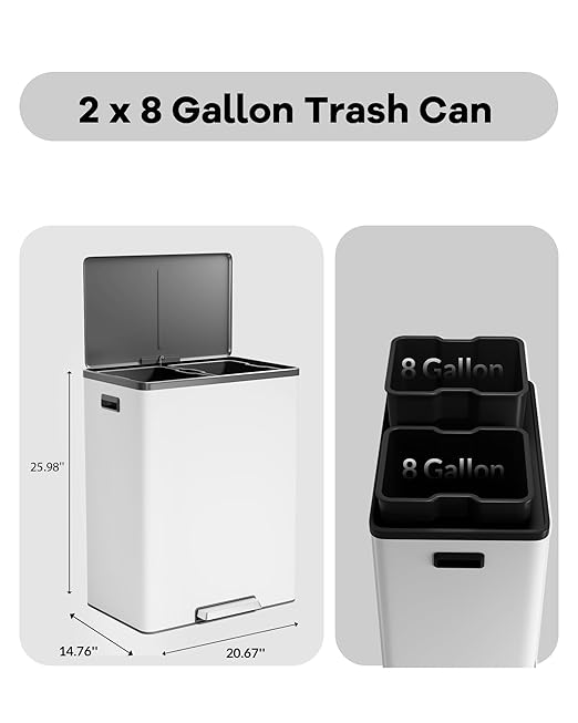 Garvee Dual Trash Can for Recycling and Trash, 2 x 30 L (60 L) Stainless Steel Kitchen Trash Can with Lid and Foot Pedal, Double Compartment Garbage Can, with Recycling Bin, 2 x 8 Gallon