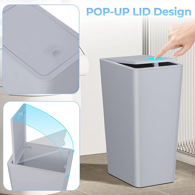 3 Pack 4 Gallon Bathroom Small Trash Can with Lid, 15L Slim Garbage Bin Wastebasket with Pop-Up Lid for Bedroom, Office, Kitchen, Dorm, Fits Under Desk