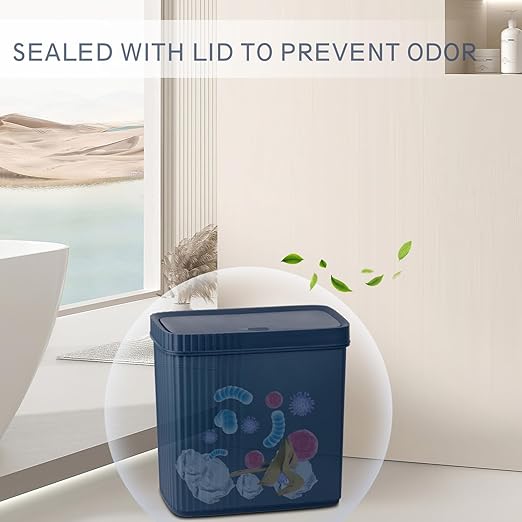 UUJOLY Small Bathroom Trash Can with Lid Slim Wastebasket Garbage Can Plastic Container Basket Trash Bin for Kitchen, Laundry Room, Office, Kids Room, Dorm, Navy Blue, 3.2 Gallon