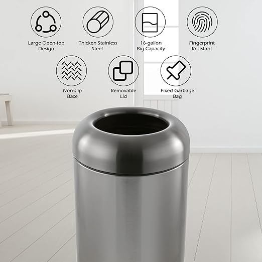 Dyna-Living Stainless Steel Trash Can Outdoor Large Garbage Can with Lid Open Top Trash Bin Commercial Big Kitchen Garbage Bin Industrial Metal Trash Enclosure (Black)