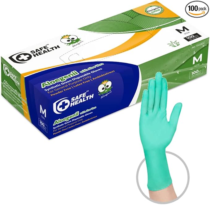 Safe Health Aloegenii HD Green Vinyl Disposable Gloves, Aloe Vera Coated, 5.5 mil, Box of 100, Medium, Latex Free, Powder Free, Cleaning, Food Service, Office, Janitorial