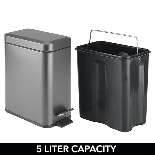 mDesign Small Modern 1.3 Gallon Rectangle Metal Lidded Step Trash Can, Compact Garbage Bin with Removable Liner Bucket and Handle for Bathroom, Kitchen, Craft Room, Office, Garage - Graphite Gray