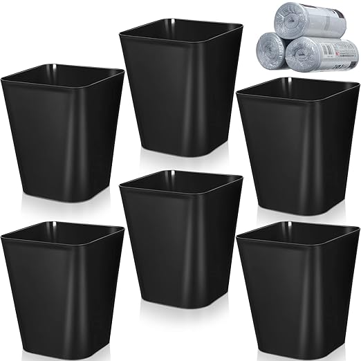 Eccliy 6 Pack Plastic Trash Can with 3 Rolls of Trash Bags Small Wastebasket Garbage Bin Container for Bathroom, Bedroom, Home Office, Living Room, Kitchen (Black)