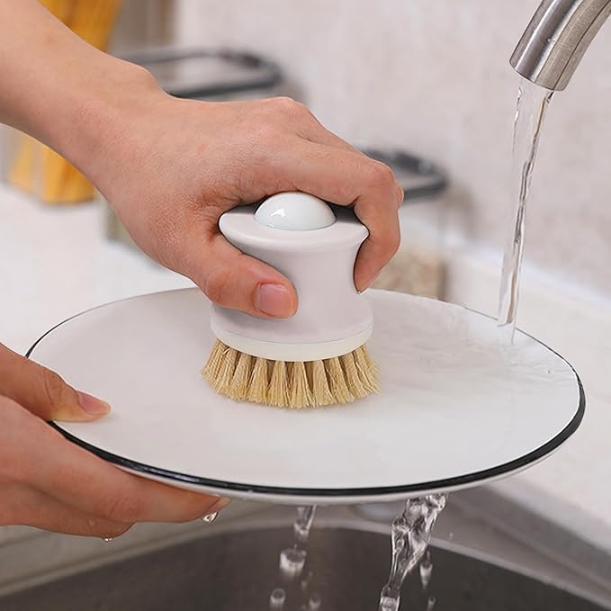 Dish Brush with Handle, Kitchen Scrub Brushes for Cleaning, Dish Scrubber with Sisal bristles for Sink, Pots, Pans (1Pack Light Gray Sisal bristles)
