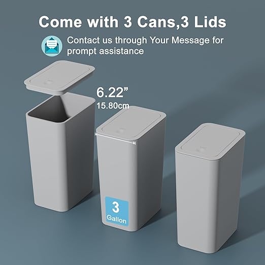 N. NETDOT 3 Pack Small Trash Can with lid, 3 Gallon Bathroom Trash Can,Garbage Can Slim Trash Bin Waste Basket for Bathroom,Kitchen,Bedroom,Living Room,Office,Laundry - Grey