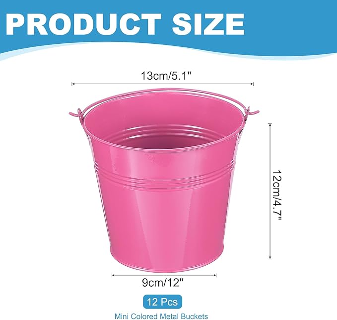 PATIKIL 5"x4.7" Small Metal Buckets with Handle, 12 Pcs Mini Bucket Easter Buckets, Rose Red